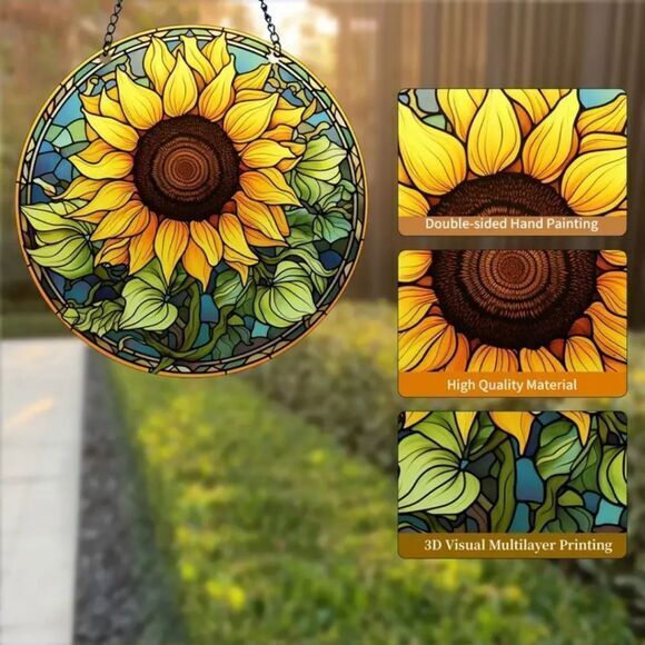 Sunflower Window Hanging, Suncatcher With Metal Chain 5.9 ×5.9 Inches - Picture 4 of 6